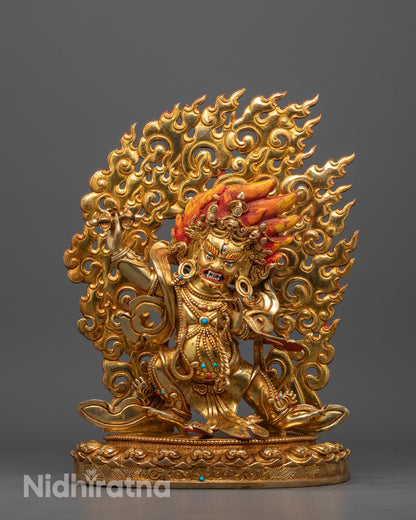 Front-view of Hand-carved Vajrapani Statue with 24k gold plating standing on lotus base