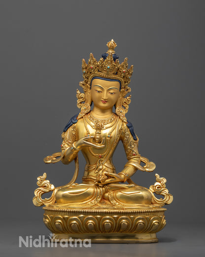 Front-view of Hand-carved Vajrasattva Statue seated on a lotus base with 24k gold fire gilding