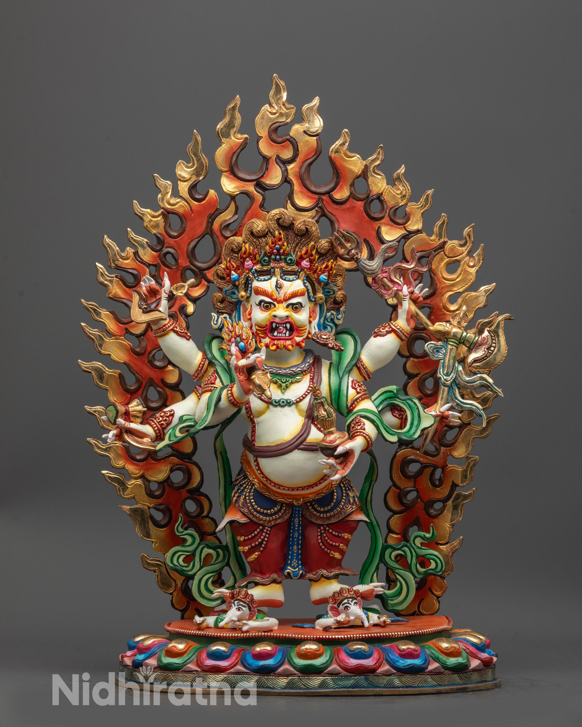 Front-view of Hand-carved White Mahakala Statue from Nepal with six arms
