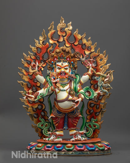 Front-view of Hand-carved White Mahakala Statue from Nepal with six arms