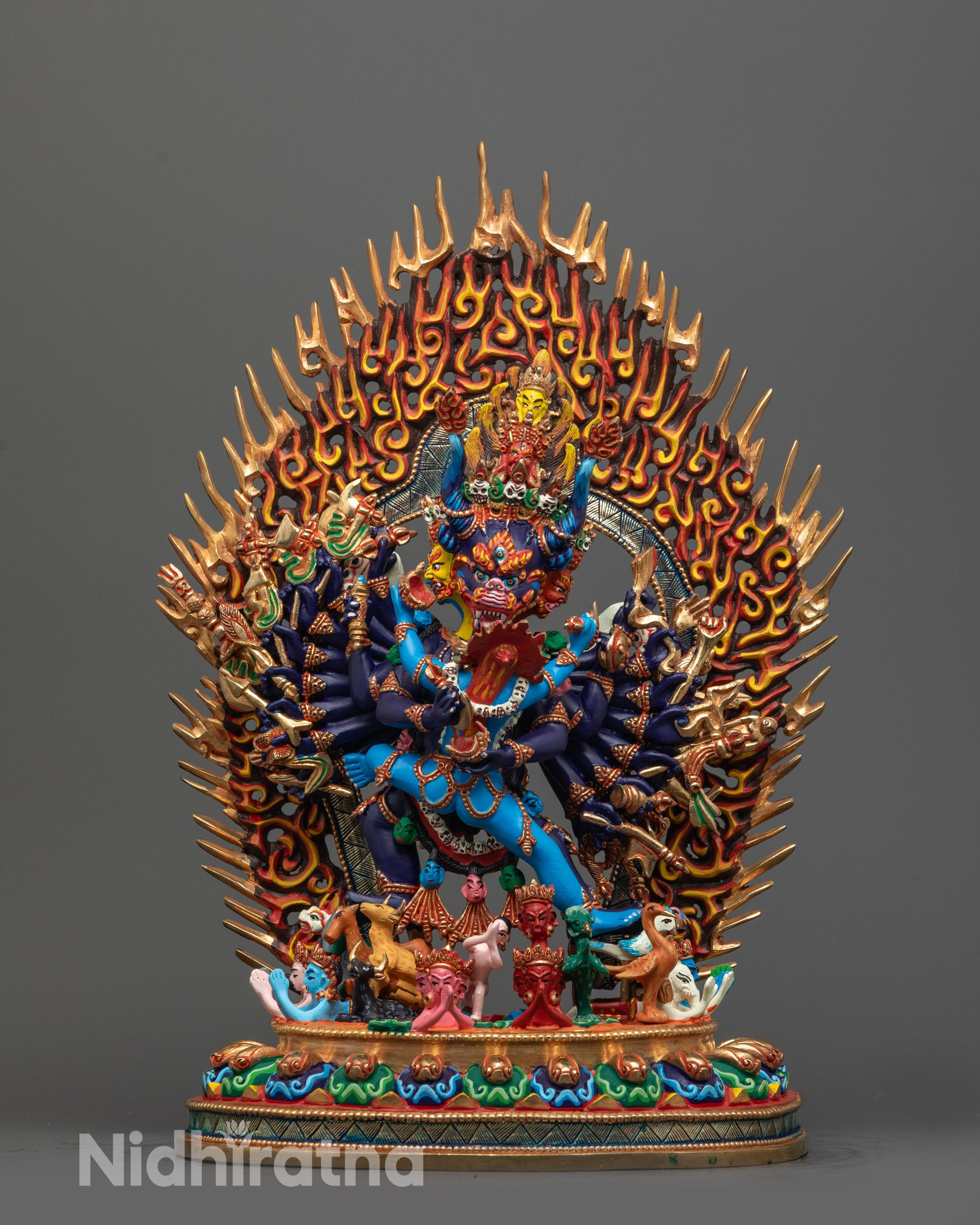 Front-view of Hand-carved Yamantaka Statue in dark blue acrylic body with yab-yum form