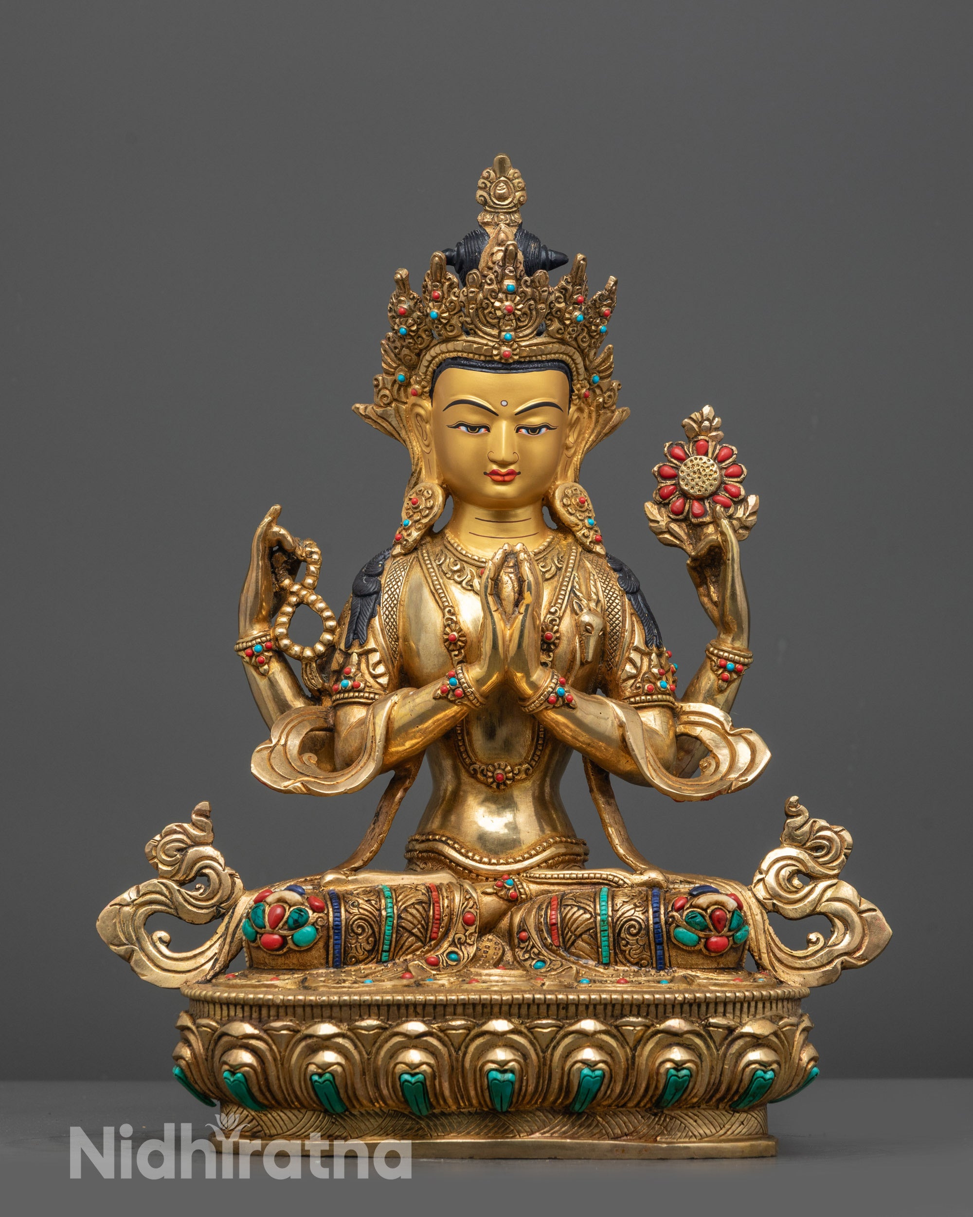 Front-view of Hand-carved four-armed Chenrezig Statue from Nepal