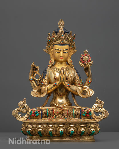 Front-view of Hand-carved four-armed Chenrezig Statue from Nepal