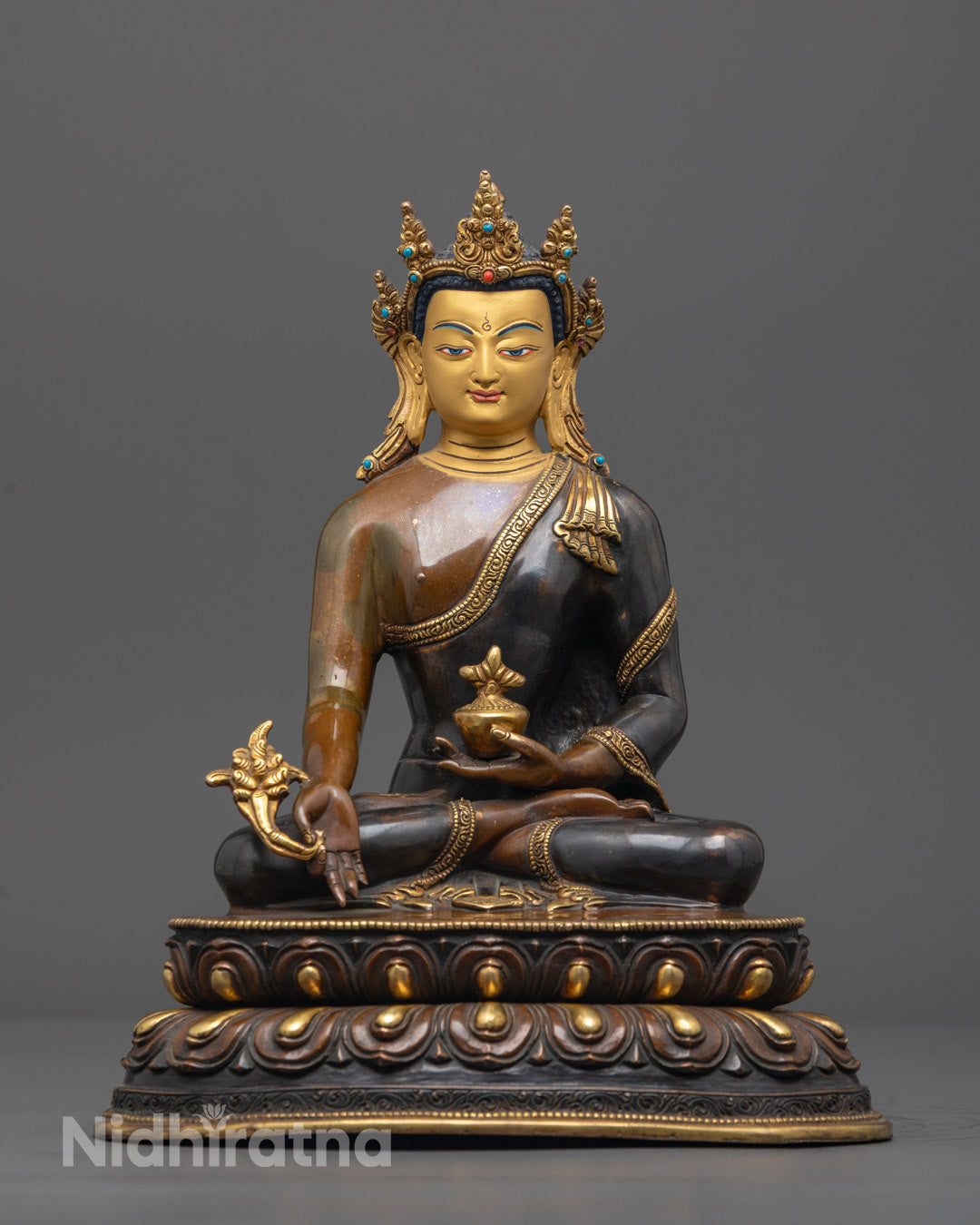Front-view of Handcrafted Medicine Buddha Statue in Meditative Pose with 24k Gold-Plated Face