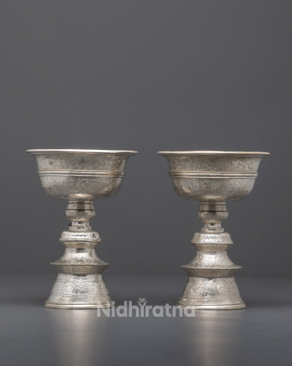 Front-view of Handcrafted Silver-Plated Copper Butter Lamp for Buddhist Rituals – Made in Nepal