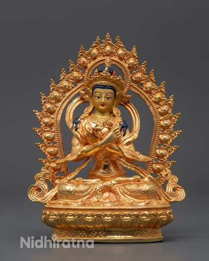 Front-view of Machine-made Vajradhara Statue from Nepal featuring 24k gold gilded copper