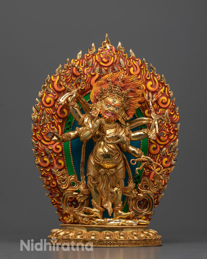 Front-view of Six Armed Mahakala Statue in Wrathful Pose with Fiery Halo