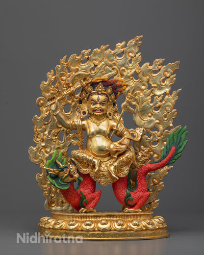 Front-view of White Dzambhala statue hand-carved from copper and gilded with 24k gold