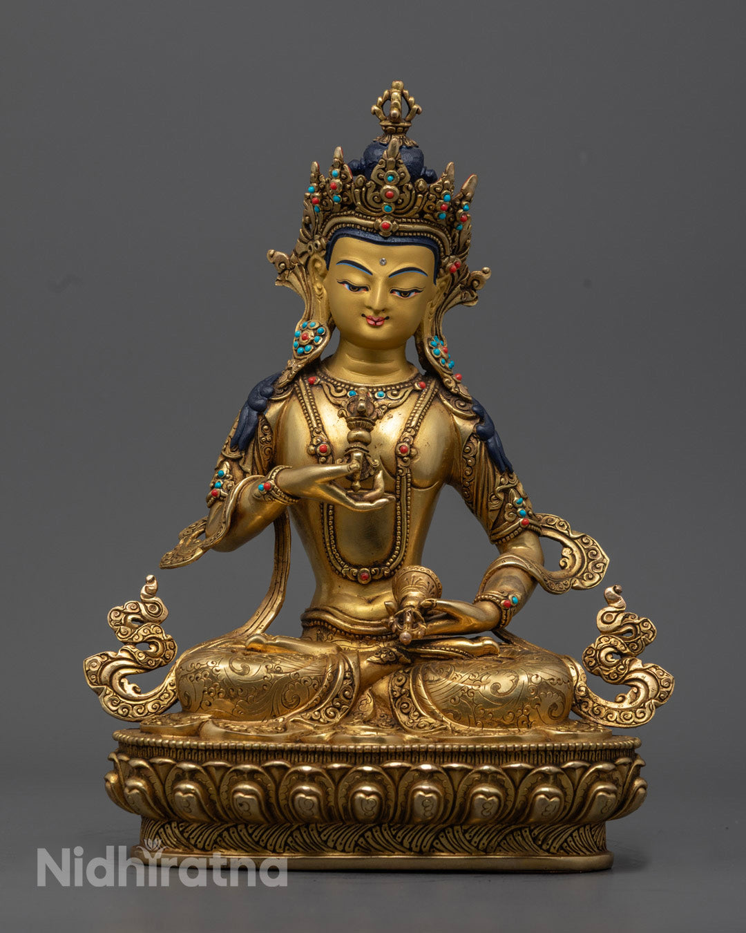hand-carved Vajrasattva Statue with 24K gold-gilded face and semi-precious stones, symbolizing purification and spiritual transformation.