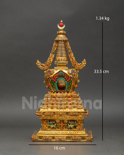 Front view handcrafted Tibetan stupa Buddhist shrine decor from Nepal, copper craftsmanship, sacred symbolic design, meditation altar statue.