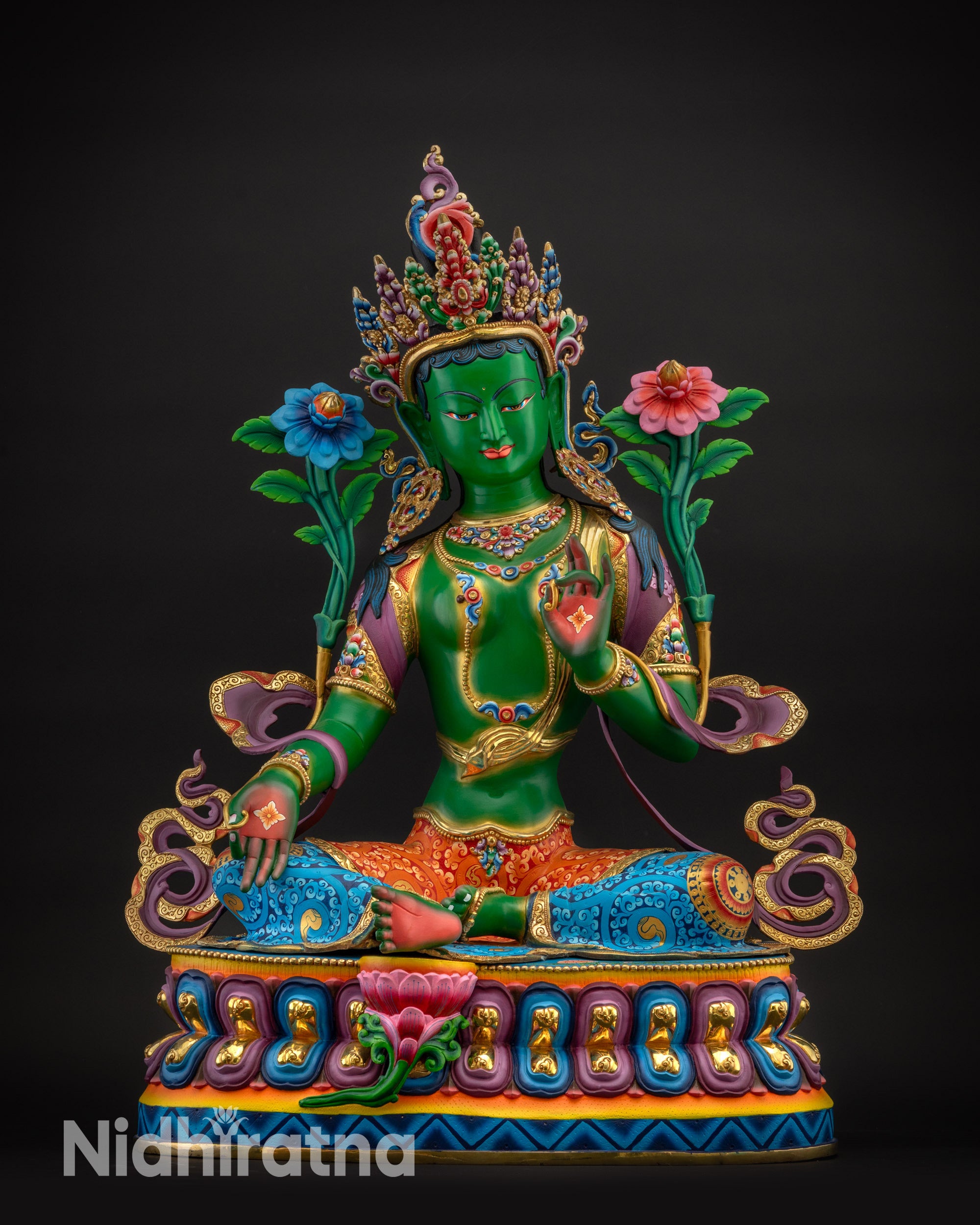 Front Green Tara statue seated on lotus with gold-plated crown and utpala flower