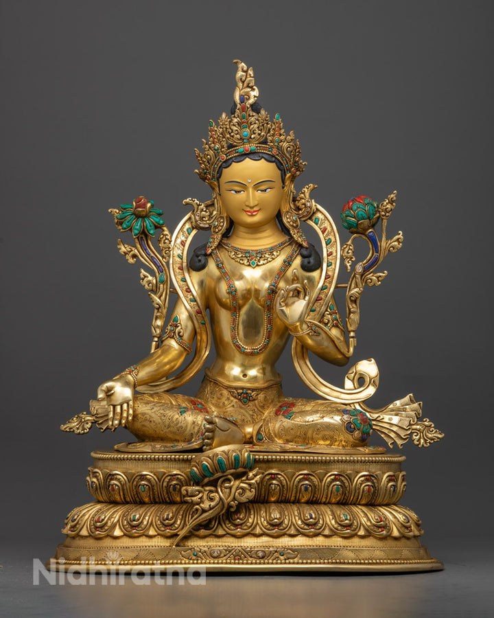 Gold Gilded 24K Green Tara Statue in Full Picture