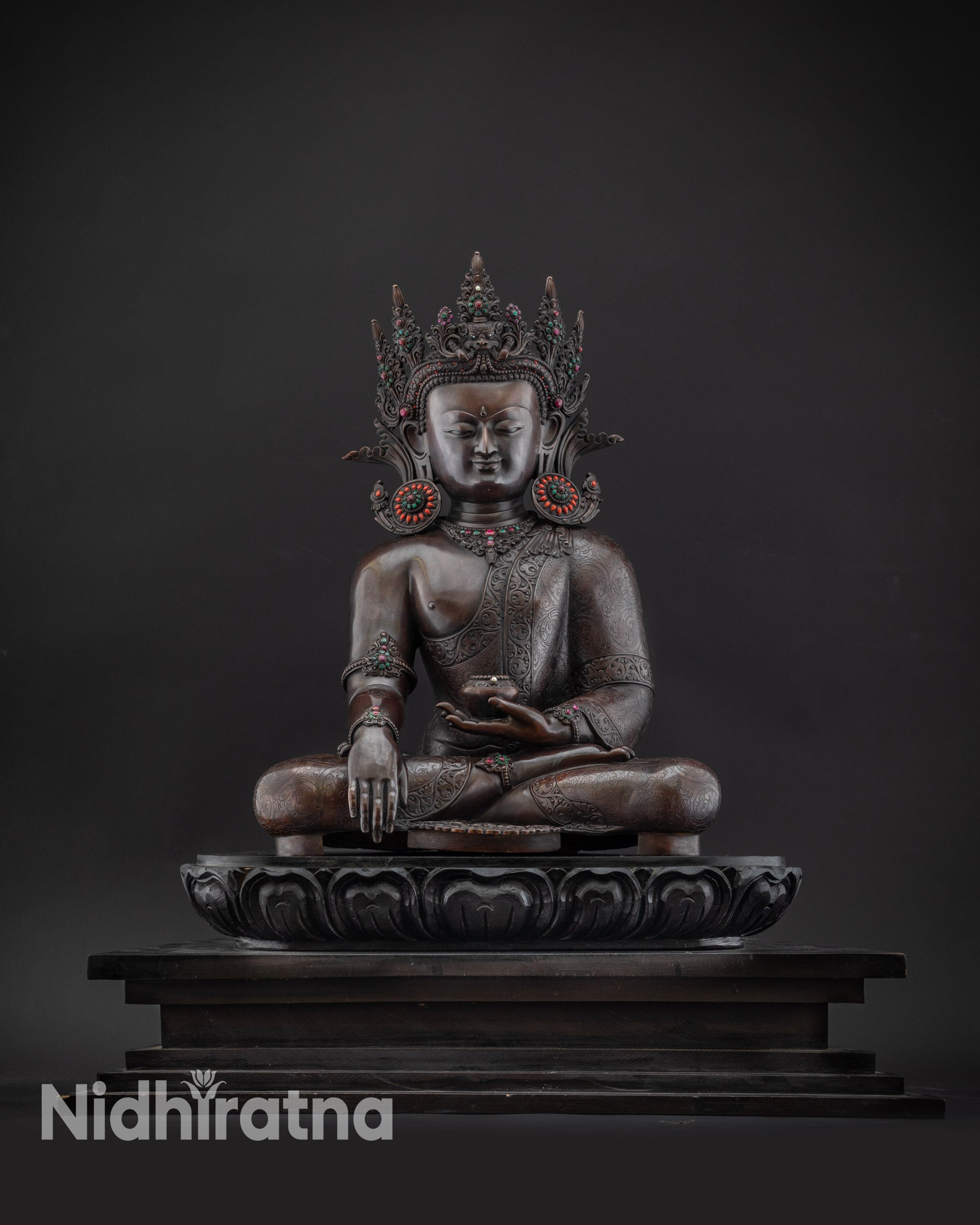 Front Shakyamuni Buddha copper statue with five-jeweled crown, spiritual home decor
