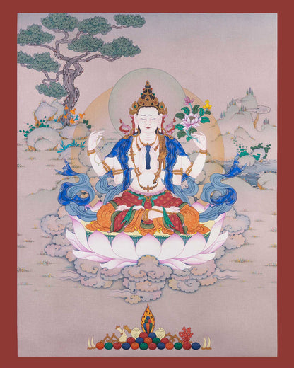 Chenrezig Thangka Print front view Avalokiteshvara Tibetan art Nepal meditation decor