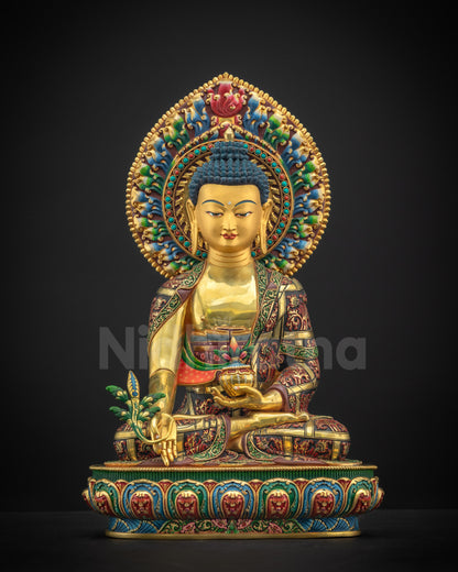 Front view of Medicine Buddha Statue Seated on Lotus Pedestal with Healing Nectar
