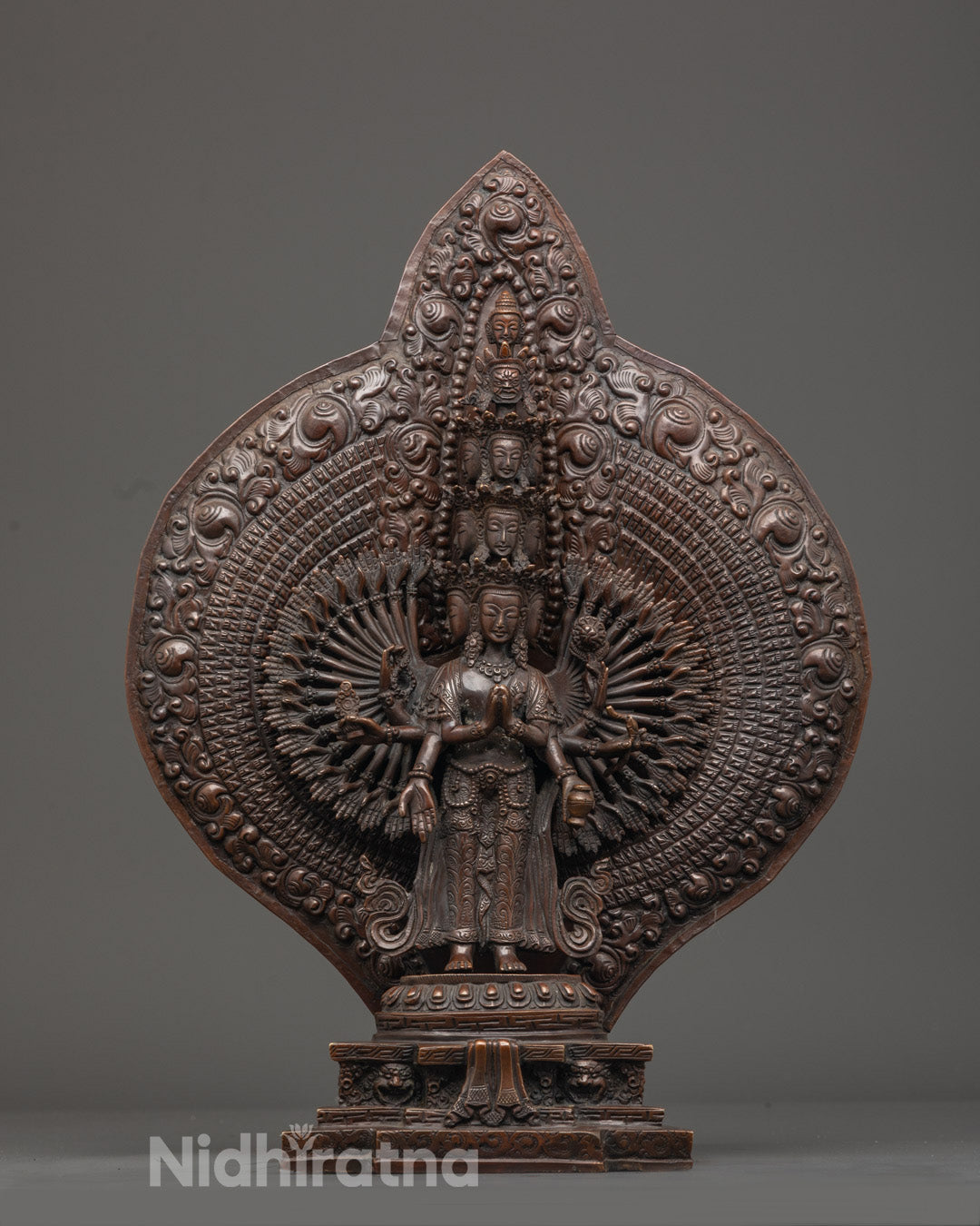1000 Armed Chenrezig Statue in Oxidized Copper Finish, Seated on Lotus Throne with Gold Fire-Gilded Details