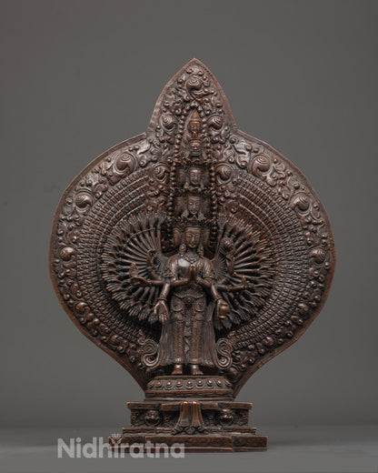 1000 Armed Chenrezig Statue in Oxidized Copper Finish, Seated on Lotus Throne with Gold Fire-Gilded Details
