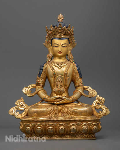 Features 24K gold fire gilding, vibrant acrylic colors, and a lotus throne symbolizing longevity and enlightenment.