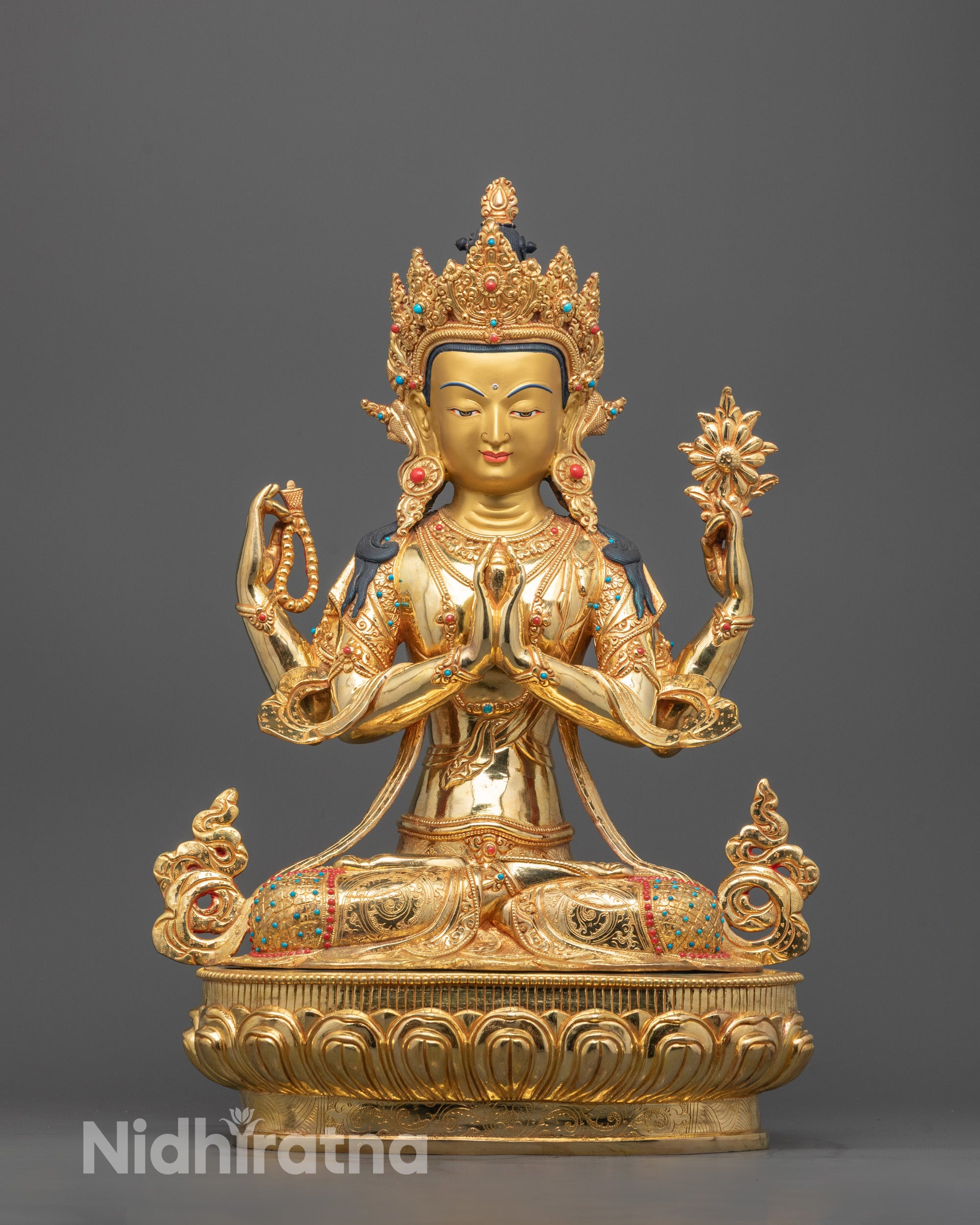 Front View of Chenrezig Statue Hand-Carved in Nepal with 24k Gold Gilded Face