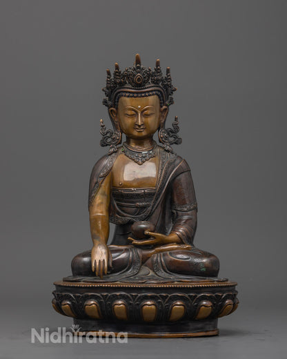 Front View of Crowned Shakyamuni Buddha Statue | Hand-carved oxidized copper statue of Shakyamuni Buddha