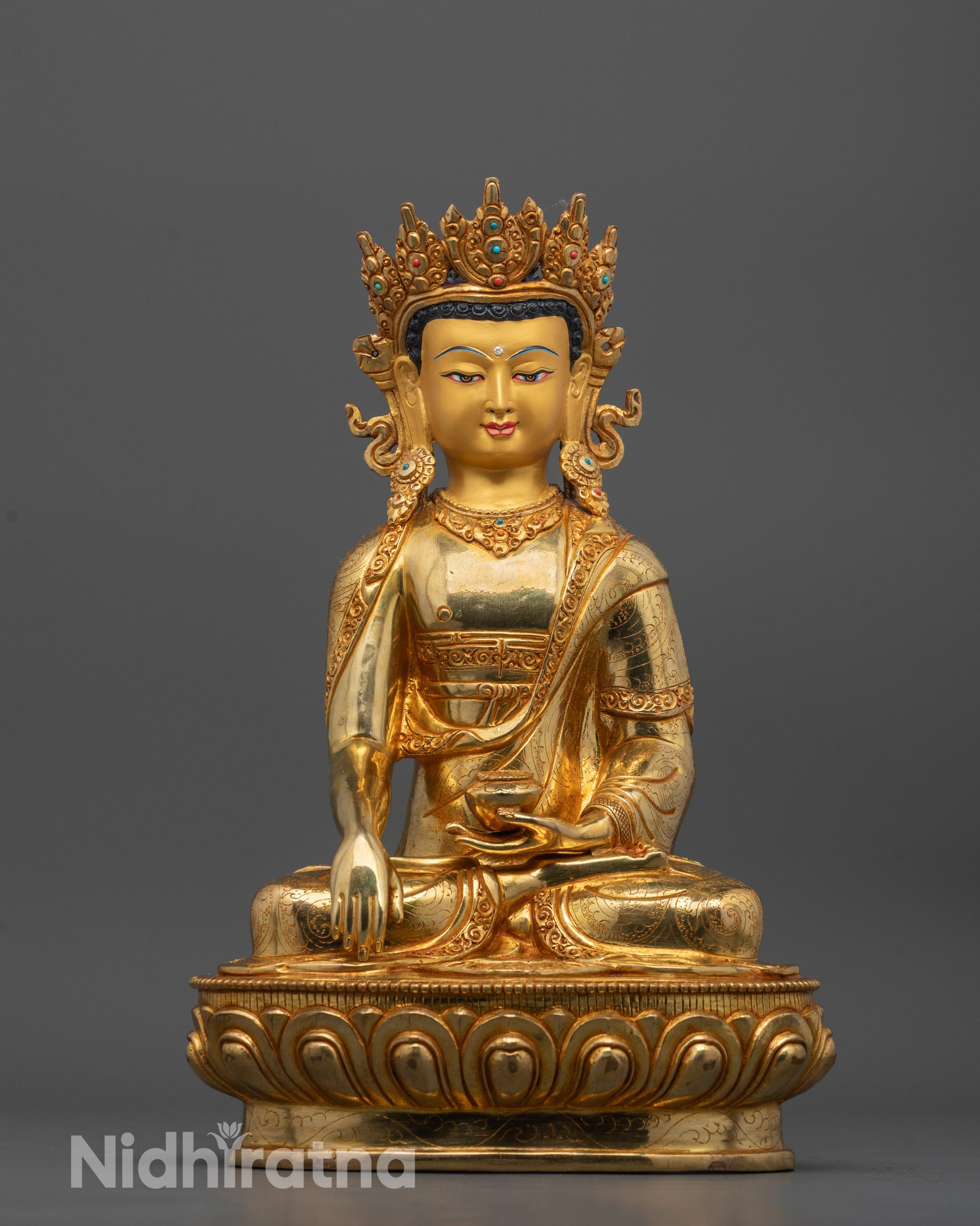 Front View of Crowned Shakyamuni Buddha Statue Hand-Carved in Nepal