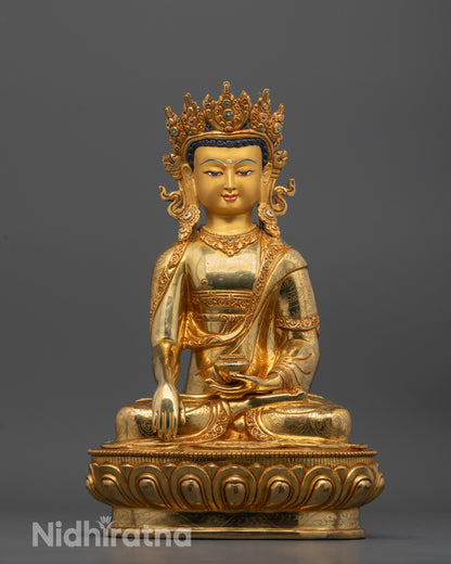 Front View of Crowned Shakyamuni Buddha Statue Hand-Carved in Nepal
