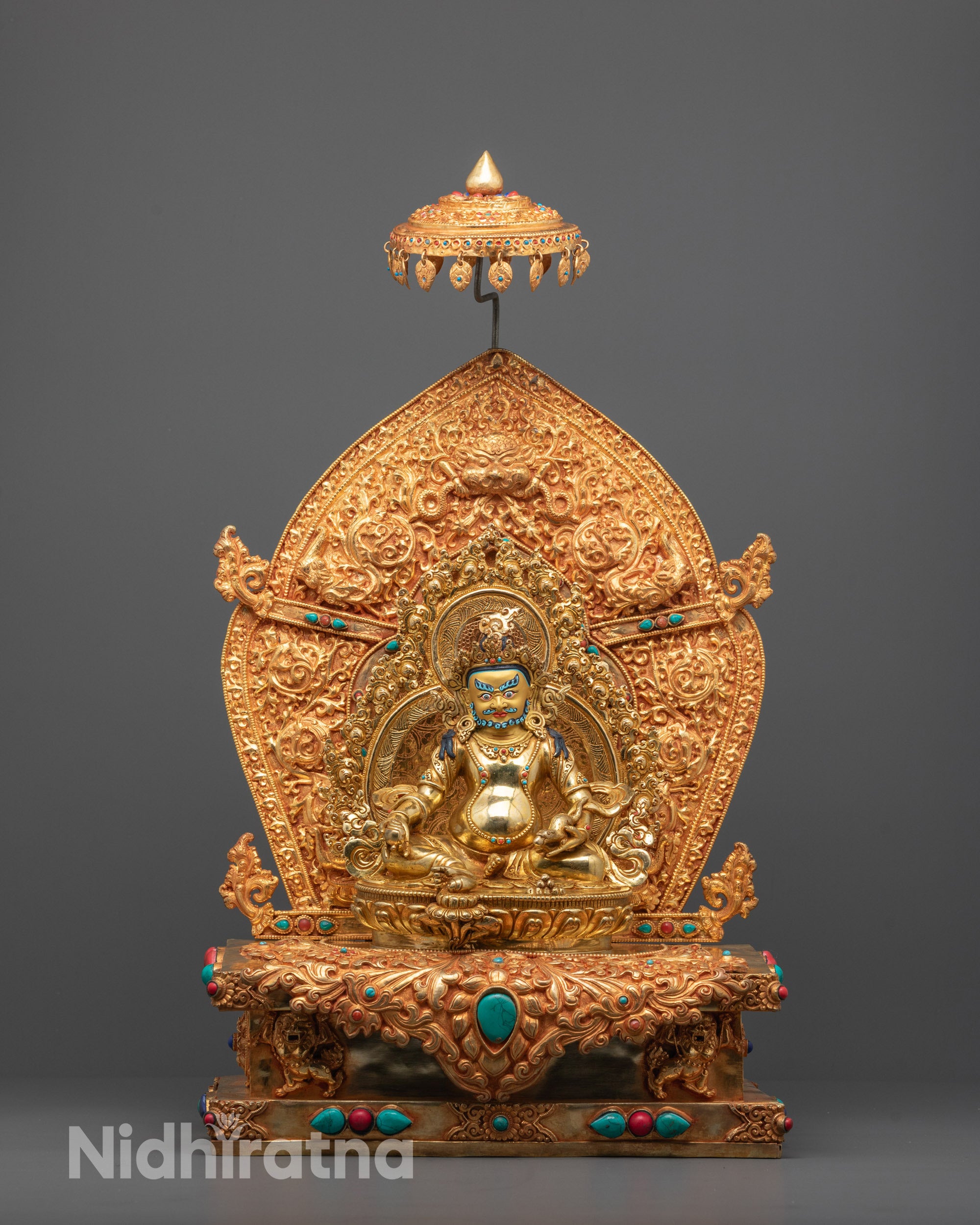 Front View of Dzambhala Statue | Hand-carved Dzambhala Statue seated on a lotus throne