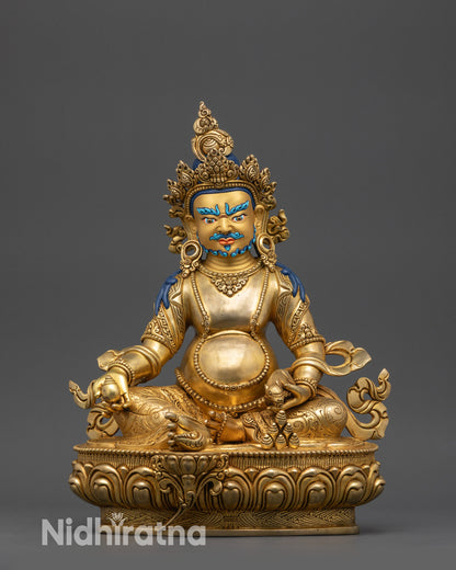 Front View of Gold-Gilded Dzambhala Statue Handcrafted by Nepalese Artisans