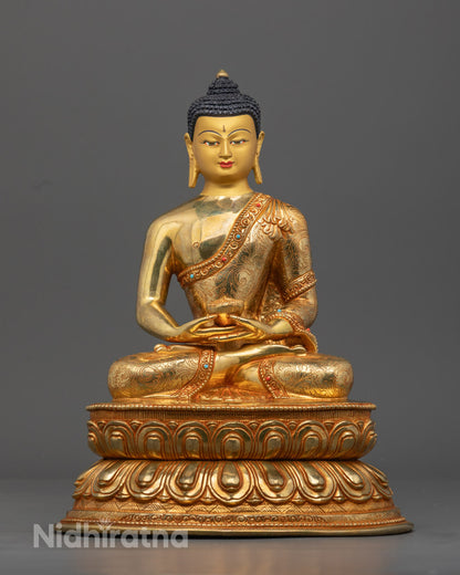 Hand-Carved Amitabha Buddha Statue with 24k Gold Fire-Gilding and Semi-Precious Stones