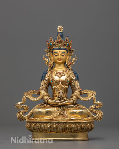 Front View of Hand-Carved Amitayus Statue in Gold Finish Sitting