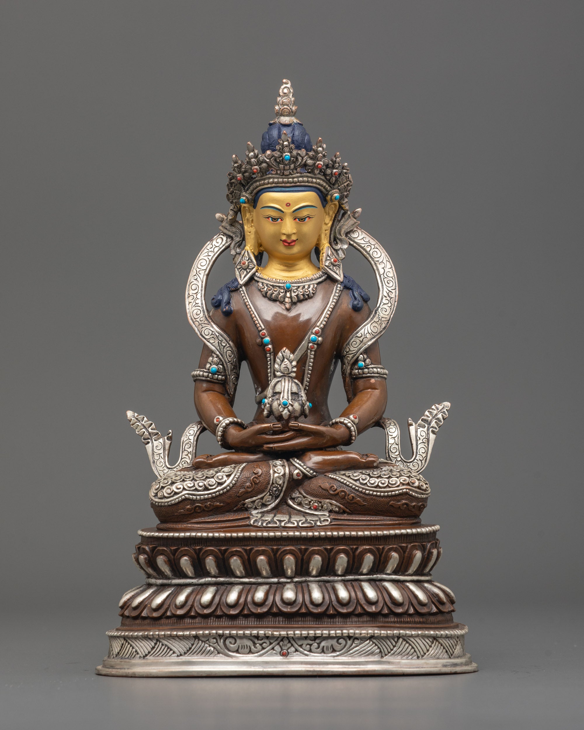 Front View of Hand-Carved Amitayus Statue with Silver Finishing