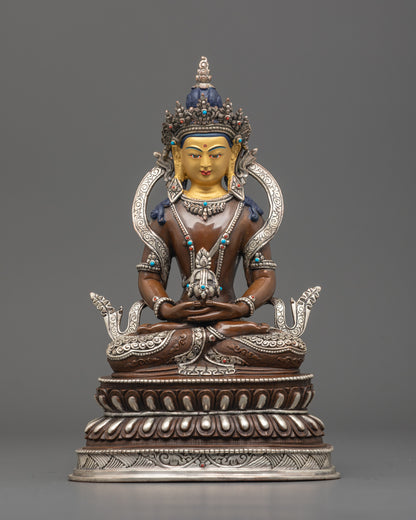 Front View of Hand-Carved Amitayus Statue with Silver Finishing