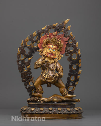 Front View of Hand-Carved Black Dzambhala Statue in Oxidized Copper Standing