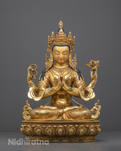 Hand-Carved Chenrezig Statue with 24k Fire-Gilded Gold Finish, Seated on Lotus Throne – Nepalese Buddhist Art