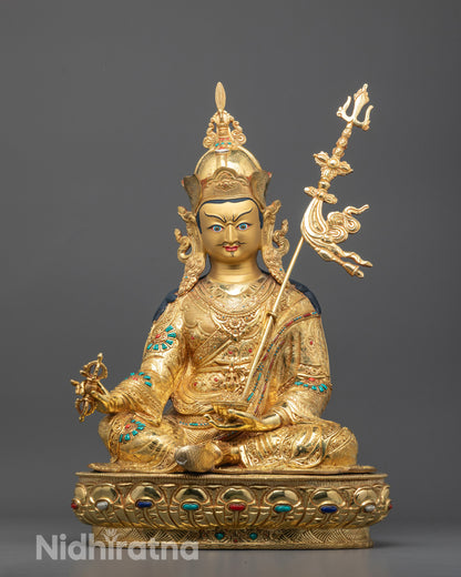 Front View of Hand-Carved Guru Rinpoche Statue with 24k Gold Gilded Face