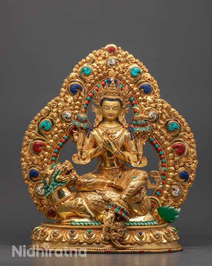 Front View of Hand-Carved Manjushri Statue Seated on Snow Lion