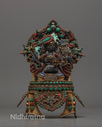 Front View of Hand-Carved Manjushri Statue with Flaming Sword and Lotus on Precious Stone Base