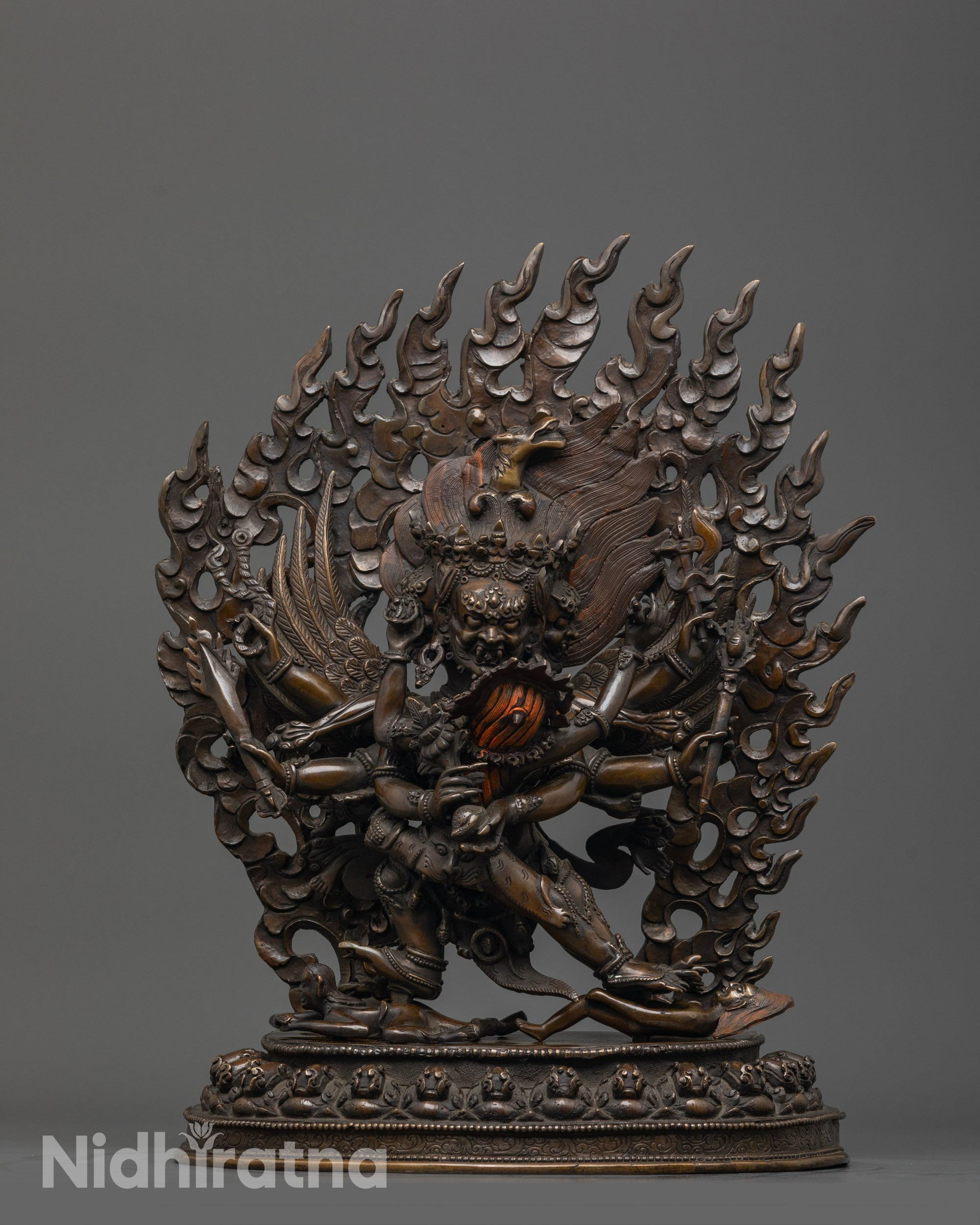 Front View of Hand-Carved Oxidized Hayagriva with Consort Statue from Nepal