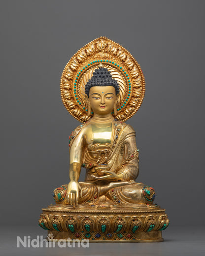 Front View of Hand-Carved Shakyamuni Buddha Statue Seated on Lotus Throne