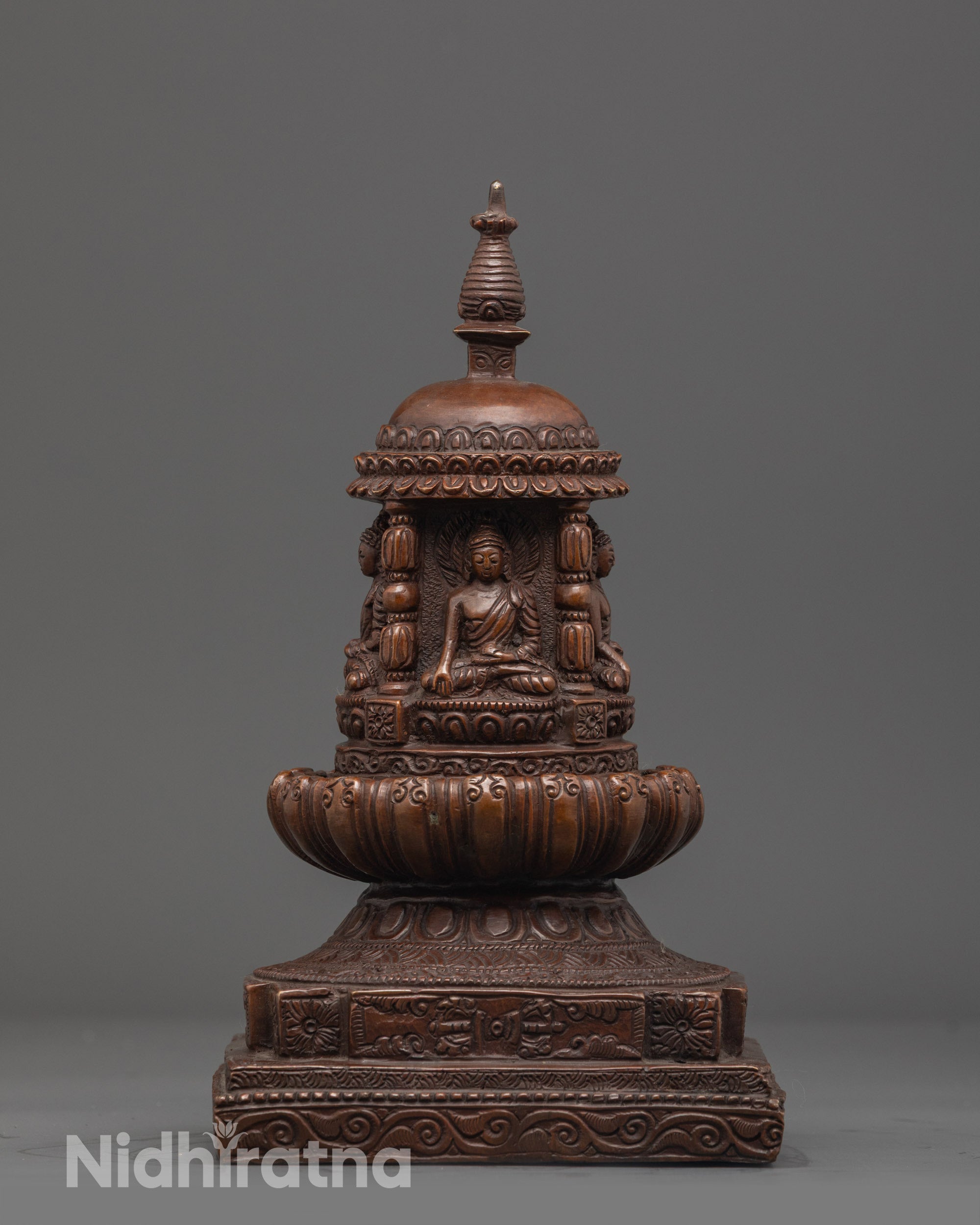 Front View of Hand-Carved Shakyamuni Buddha Stupa Made in Nepal