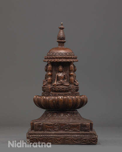 Front View of Hand-Carved Shakyamuni Buddha Stupa Made in Nepal