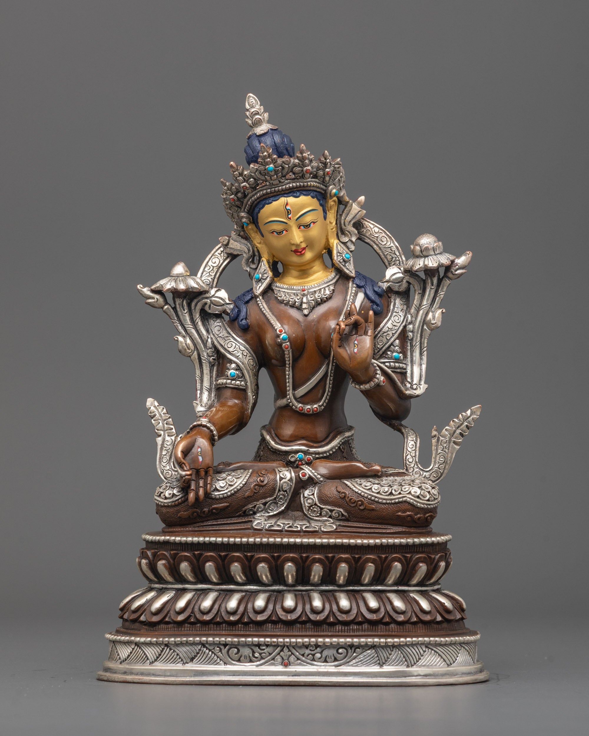 Front View of Hand-Carved White Tara Statue with Silver Finish