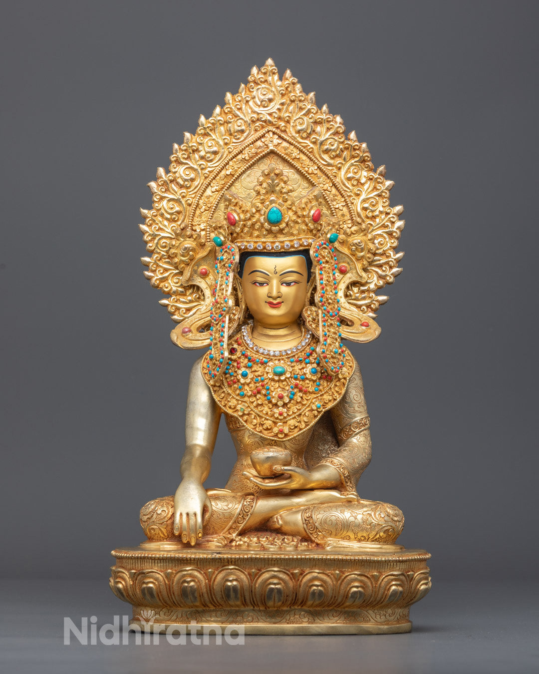 Jowo Rinpoche Shakyamuni Buddha Statue Hand-Carved in Copper with 24k Fire-Gilded Gold and Yellow Acrylic Finish