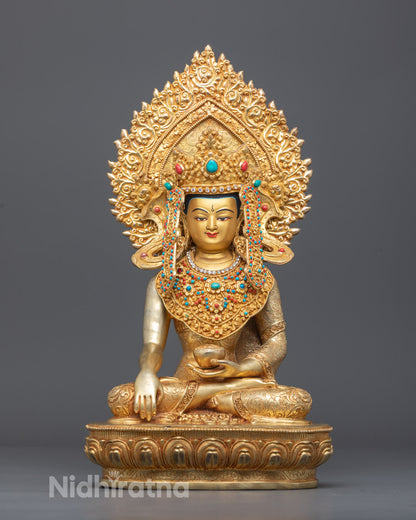 Jowo Rinpoche Shakyamuni Buddha Statue Hand-Carved in Copper with 24k Fire-Gilded Gold and Yellow Acrylic Finish