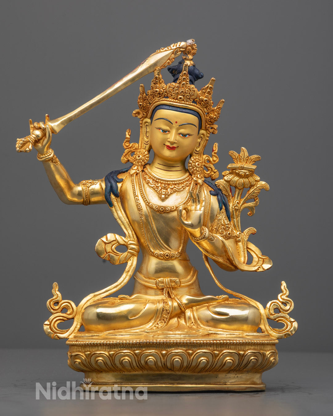 Manjushri Statue Hand-Carved with 24k Gold Gilding and Semi-Precious Stones