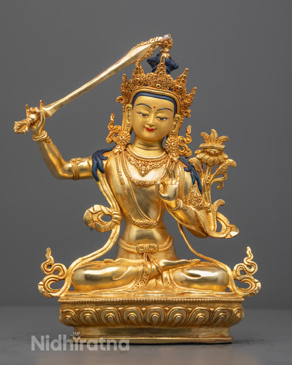 Manjushri Statue Hand-Carved with 24k Gold Gilding and Semi-Precious Stones