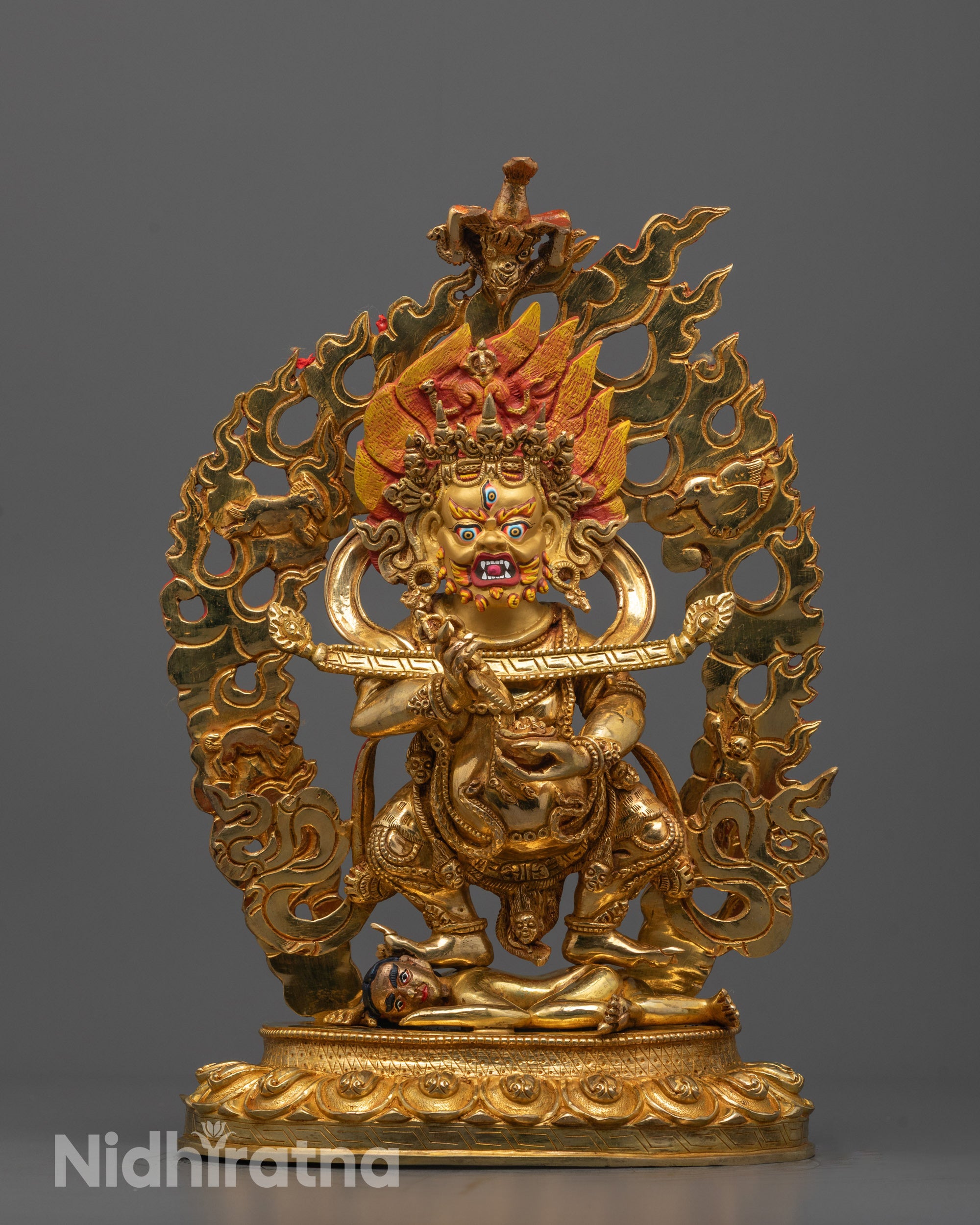 Front View of Shakya Mahakala Statue | Hand-carved 24k gold gilded
