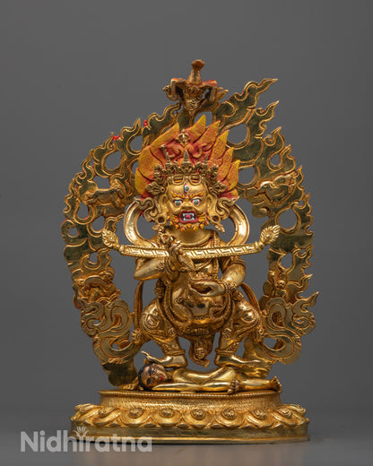 Front View of Shakya Mahakala Statue | Hand-carved 24k gold gilded