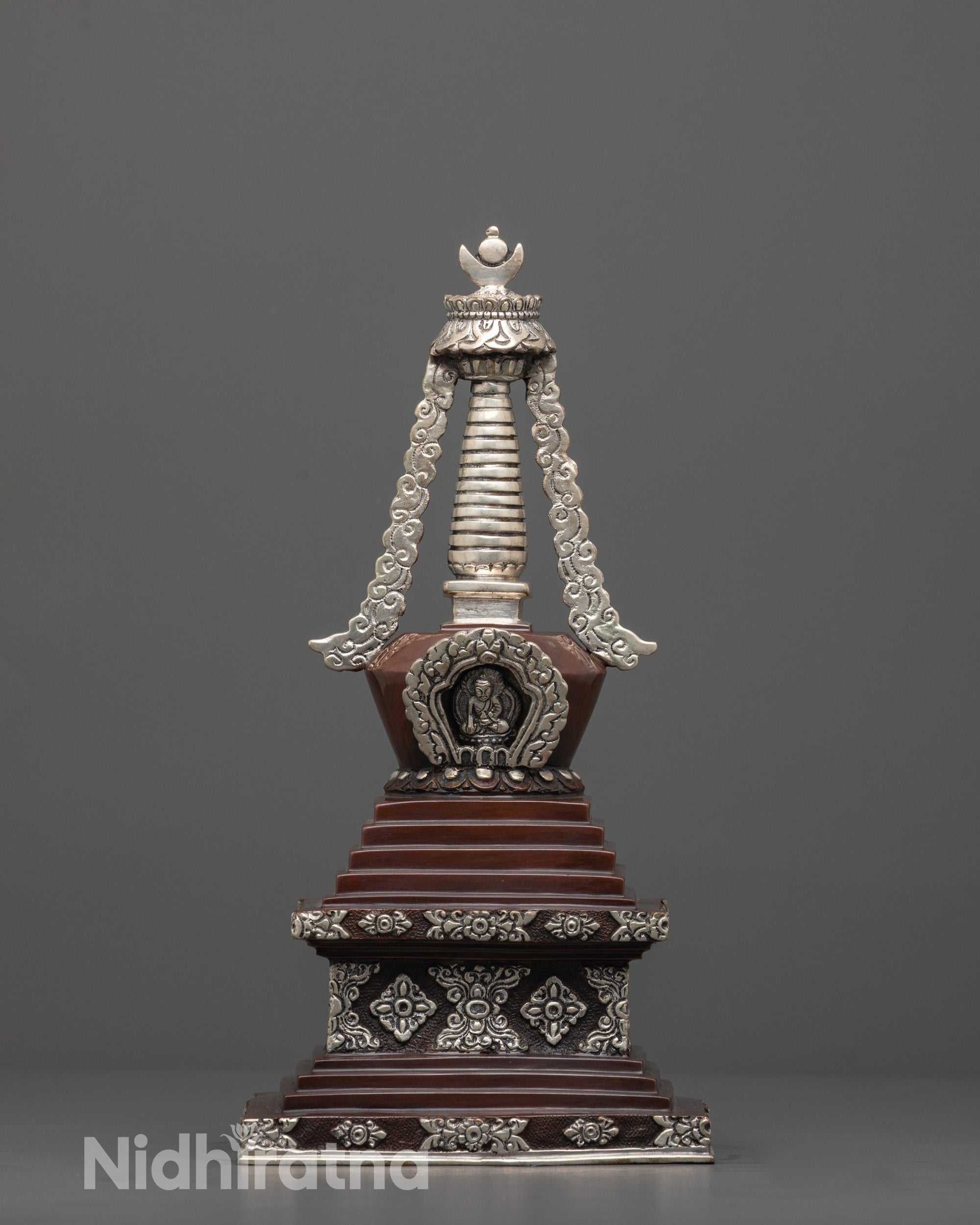Front View of Shakyamuni Buddha Stupa Hand-Carved in Oxidized Copper