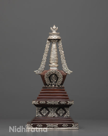 Front View of Shakyamuni Buddha Stupa Hand-Carved in Oxidized Copper